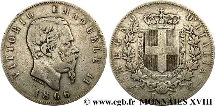 ITALIA - REINO DE ITALIA - VÍCTOR-MANUEL II 5 lires 1866 Naples BC 