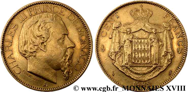 MONACO - PRINCIPALITY OF MONACO - CHARLES III 100 francs or 1882 Paris XF 