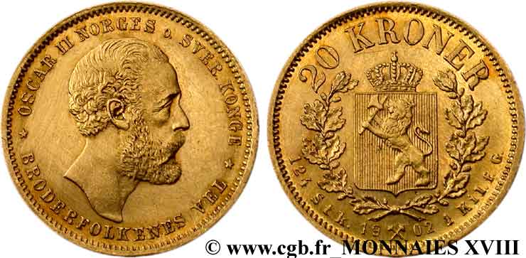 NORVÈGE - ROYAUME DE NORVÈGE - OSCAR II 20 kroner or, 2e type 1880  AU 