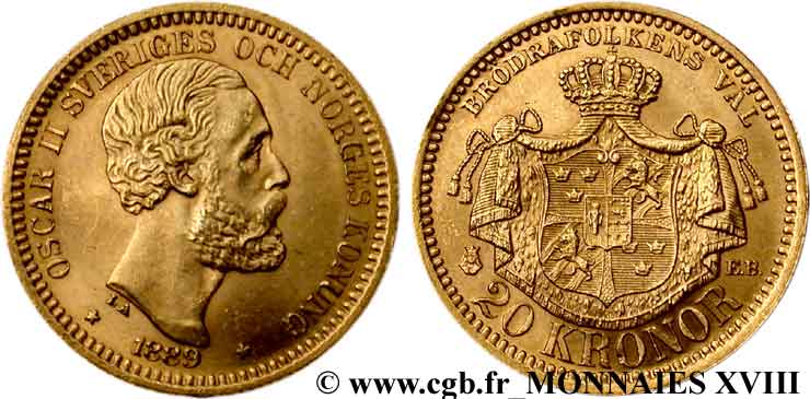 SUÈDE - ROYAUME DE SUÈDE - OSCAR II 20 kronor, 3e type 1880 Stockholm EBC 