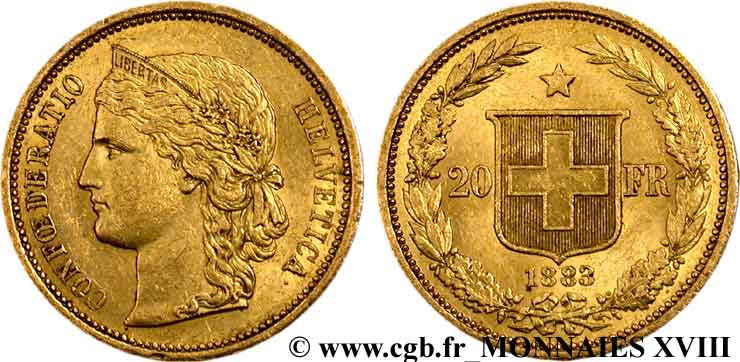 SWITZERLAND - CONFEDERATION OF HELVETIA 20 francs or 1883 Berne XF 