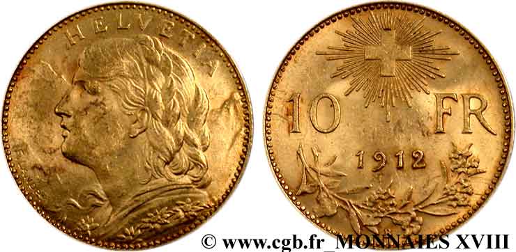 SWITZERLAND - CONFEDERATION OF HELVETIA 10 francs or  Vreneli  1912 Berne XF 