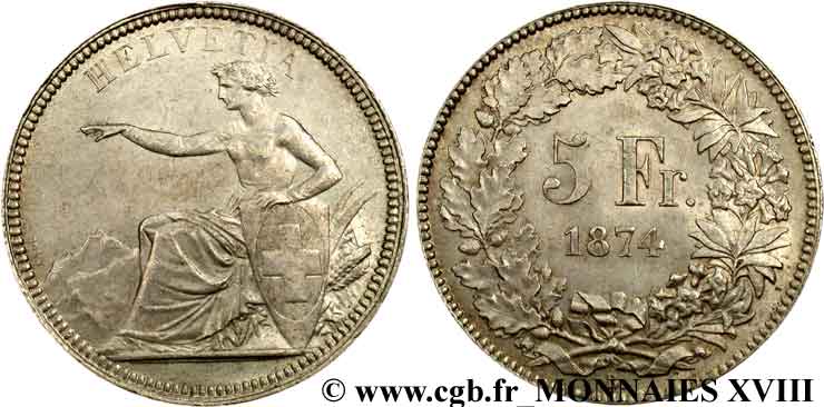 SWITZERLAND - CONFEDERATION OF HELVETIA 5 francs 1874 Bruxelles AU 