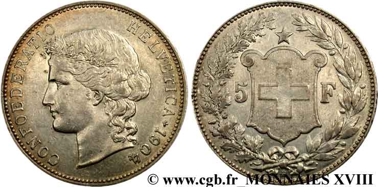 SWITZERLAND - CONFEDERATION OF HELVETIA 5 francs 1904 Berne XF 