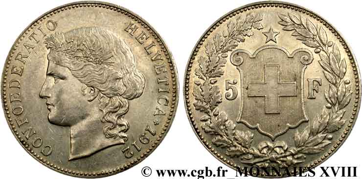 SWITZERLAND - HELVETIC CONFEDERATION 5 francs 1912 Berne EBC 