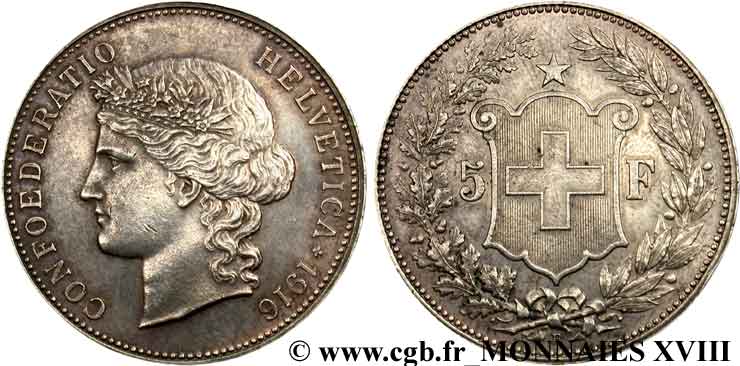 SWITZERLAND - HELVETIC CONFEDERATION 5 francs 1916 Berne AU 