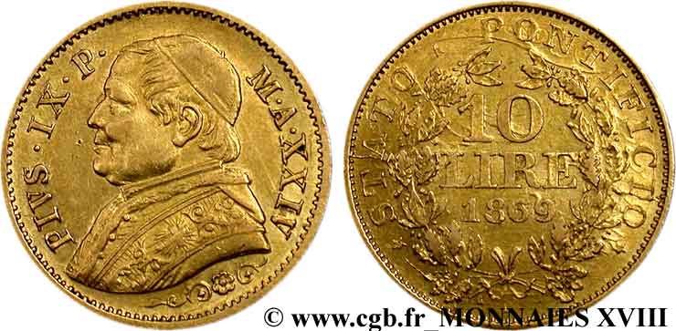 ITALY - PAPAL STATES - PIUS IX (Giovanni Maria Mastai Ferretti) 10 lires 1869 Rome XF 