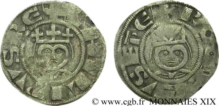 PHILIPPE II AUGUSTE ET ROGER II DE ROSOI Denier c. 1180-1201 Laon TB+