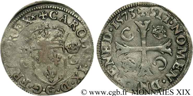 CHARLES IX Douzain aux deux C couronnés 1573 Poitiers VF/XF