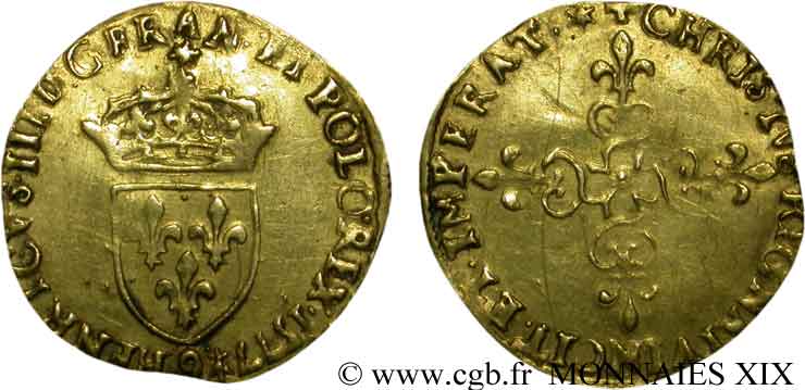 HENRI III Écu d or au soleil, 3e type 1577 Rennes TTB