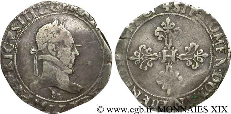 HENRI III Franc au col plat 1577 Angers TB+
