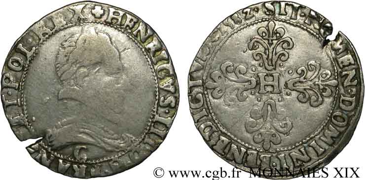 HENRY III Franc au col plat 1582 Saint-Lô MB/q.BB