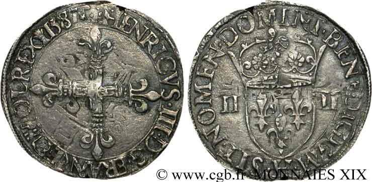 HENRY III Quart d écu, croix de face 1587 La Rochelle BB