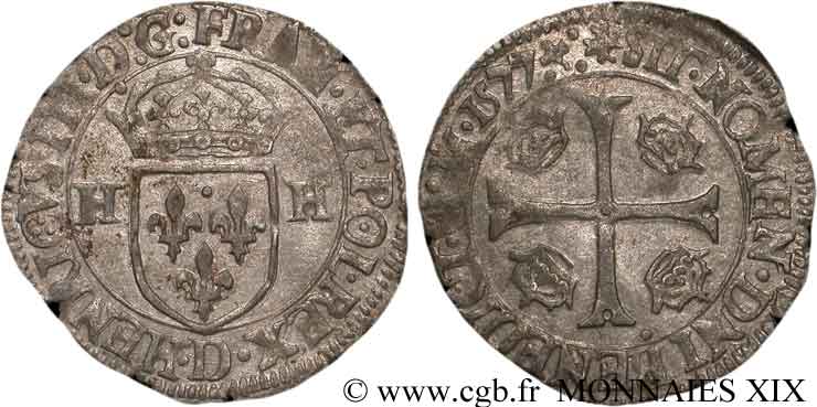 HENRI III Douzain aux deux H, 1er type 1577 Lyon TTB