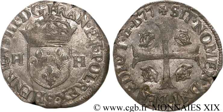 HENRI III Douzain aux deux H, 1er type 1577 Troyes TTB