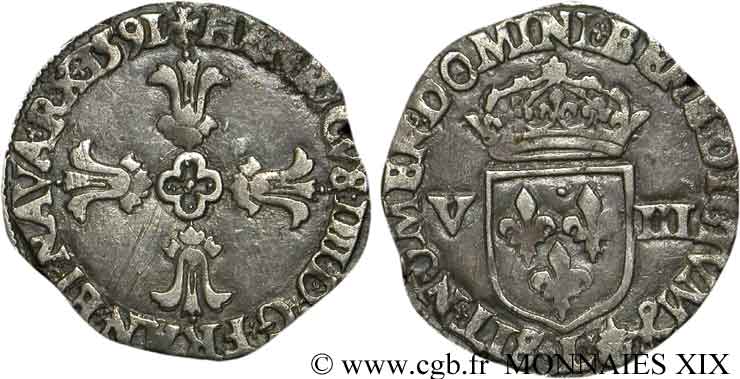 HENRY IV Huitième d écu, croix feuillue de face 1591 Bayonne XF