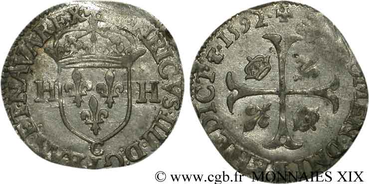 HENRI IV LE GRAND Douzain aux deux H, 2e type 1592 Saint-Lô TTB+