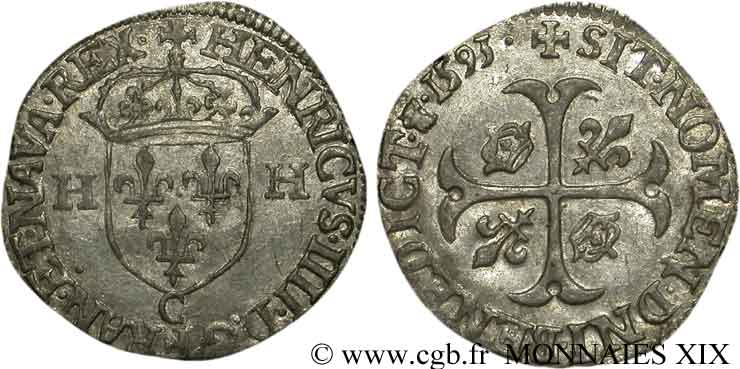 HENRI IV LE GRAND Douzain aux deux H, 2e type 1593 Saint-Lô TTB+/SUP