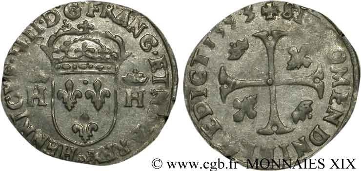 HENRY IV Douzain aux deux H couronnées, 3e type 1593 Clermont-Ferrand AU/AU