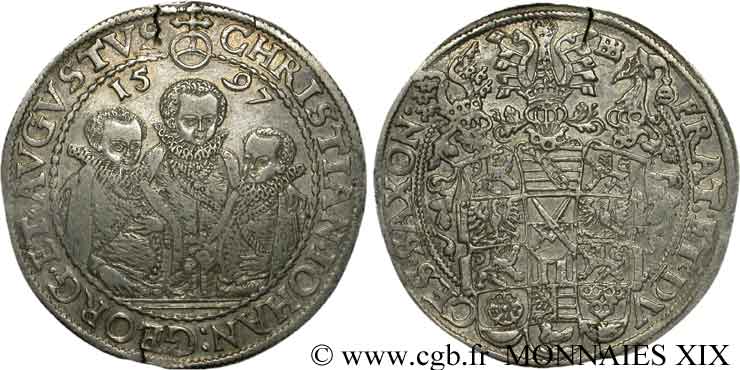 GERMANY - DUCHY OF SAXONY - ALBERTINE LINE - CHRISTIAN II, JOHN-GEORGE AND AUGUSTUS 1 Thaler 1597 Leipzig XF