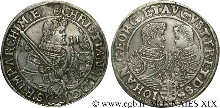 ALLEMAGNE - DUCHÉ DE SAXE - CHRISTIAN II, JEAN-GEORGES ET AUGUSTE Thaler 1611 Leipzig BB