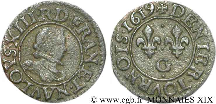 LOUIS XIII LE JUSTE Denier tournois, type 1 de Poitiers, buste A 1619 Poitiers TB+/TTB