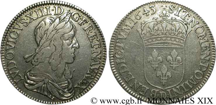 LOUIS XIII LE JUSTE Demi-écu, buste drapé et cuirassé (2e buste de Jean Warin) 1643 Lyon TB/TB+