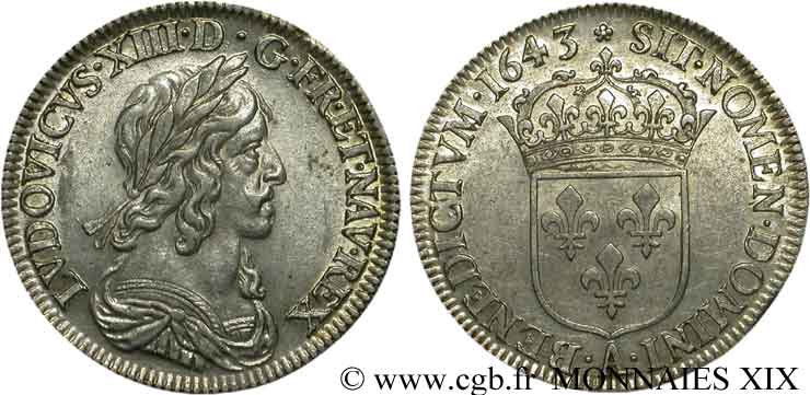 LOUIS XIII LE JUSTE Quart d écu d argent, 3e type, 2e poinçon de Warin 1643 Paris, Monnaie de Matignon SUP