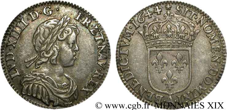 LOUIS XIV  THE SUN KING  Douzième d écu à la mèche courte 1644 Paris, Monnaie de Matignon fVZ