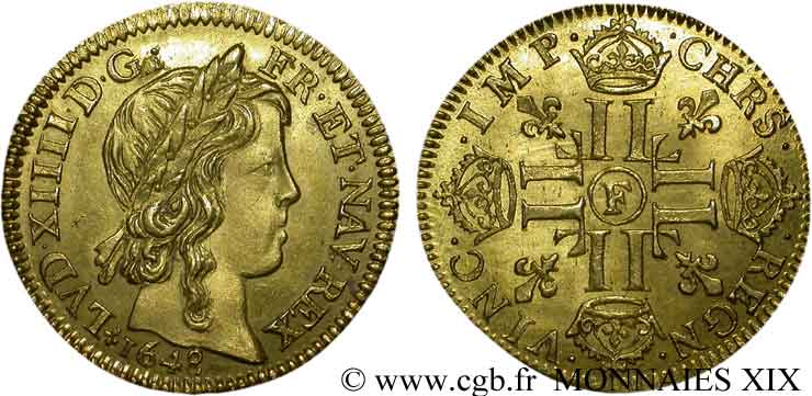 LOUIS XIV  THE SUN KING  Louis d’or aux huit L, portrait à la mèche longue 1648 Angers SC