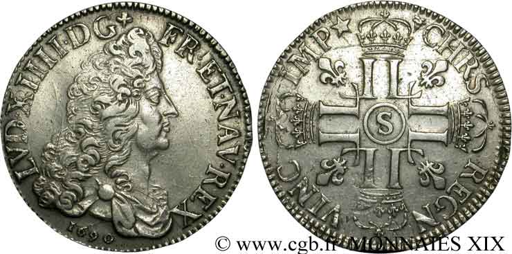 LOUIS XIV  THE SUN KING  Écu aux huit L, 1er type 1690 Reims BB/q.SPL