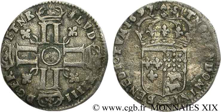 LOUIS XIV LE GRAND OU LE ROI SOLEIL Quinzain aux huit L du Béarn 1697 Pau TB+