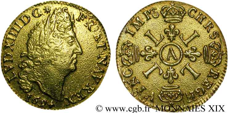 LOUIS XIV  THE SUN KING  Louis d or aux quatre L 1694 Paris VF
