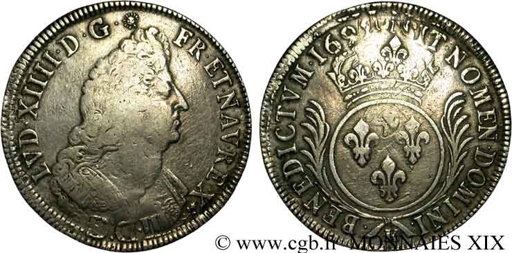 LOUIS XIV &nbsp;THE SUN KING&nbsp; Écu aux palmes 1695 Bordeaux VF/VF