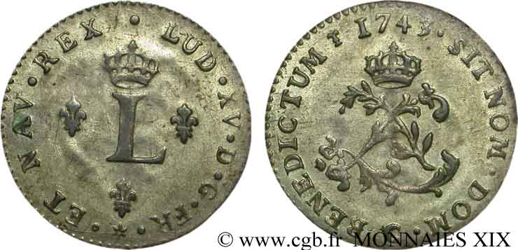 LOUIS XV  THE WELL-BELOVED  Double sol de billon 1743 Caen EBC