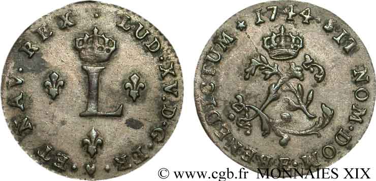 LOUIS XV DIT LE BIEN AIMÉ Double sol de billon 1744 Tours TTB
