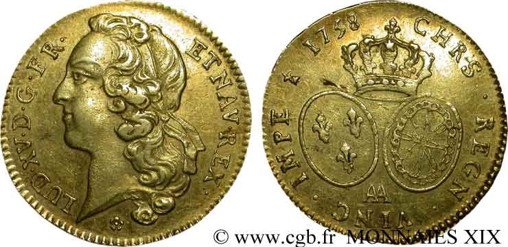 LOUIS XV &nbsp;THE WELL-BELOVED&nbsp; Double louis d’or aux écus ovales, tête ceinte d’un bandeau 1758 Metz XF