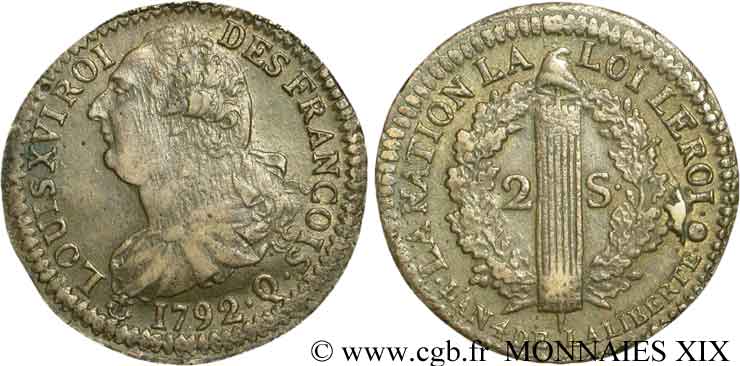 LOUIS XVI 2 sols dit  au faisceau , type FRANÇOIS 1792 Perpignan BB