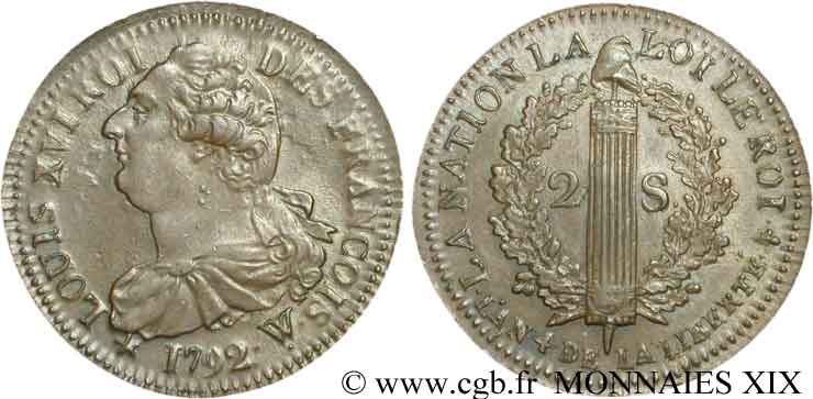 REVOLUTION COINAGE 2 sols dit  au faisceau , type FRANÇOIS surfrappé sur un monneron de 2 sols à la Liberté 1792 Arras AU