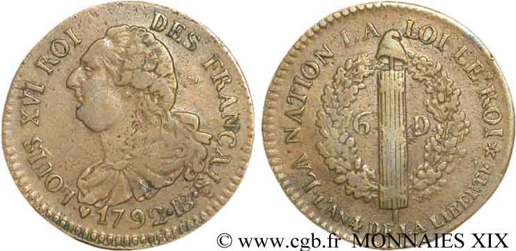 LOUIS XVI (MONARQUE CONSTITUTIONNEL)  6 deniers dit  au faisceau , type FRANÇAIS 1792 Strasbourg TTB