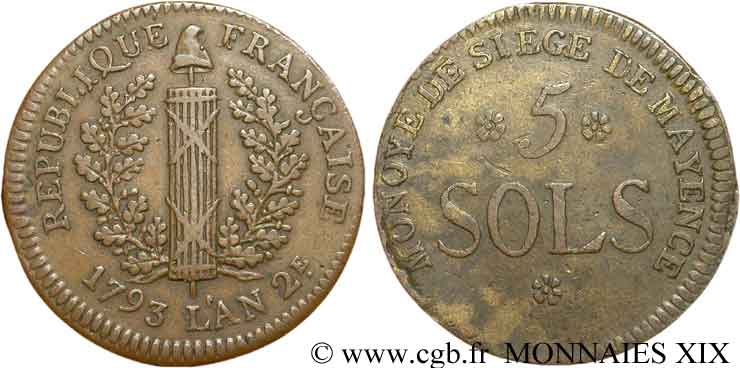 SIEGE OF MAINZ 5 sols 1793 Mayence AU/XF