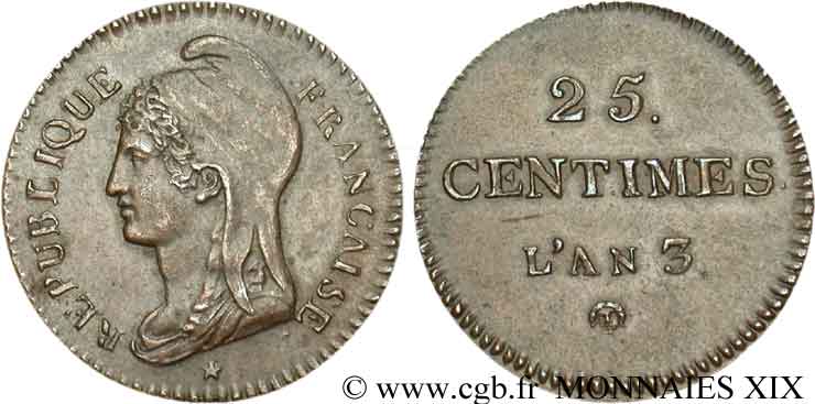 LA CONVENTION Essai de 25 centimes 1795 Paris SUP