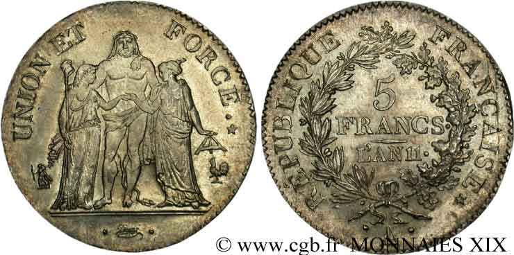 5 francs Union et Force, Union serré, seulement glands intérieurs 1803 Paris F.288/187 SC 