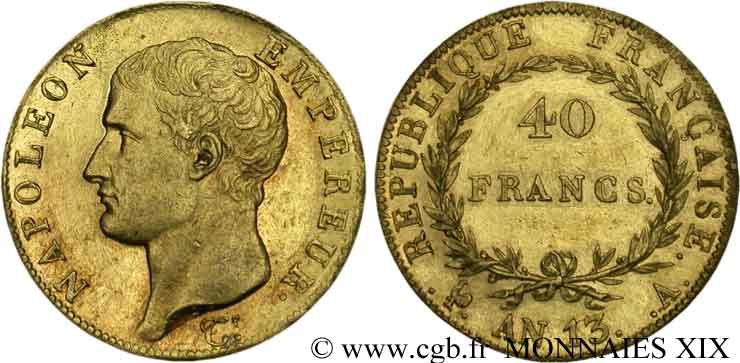 40 francs or Napoléon tête nue, Calendrier révolutionnaire 1805 Paris F.537/1 AU 