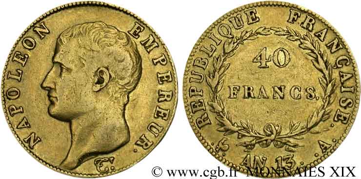 40 francs or Napoléon tête nue, Calendrier révolutionnaire, tranche fautée 1805 Paris F.537/1 S 
