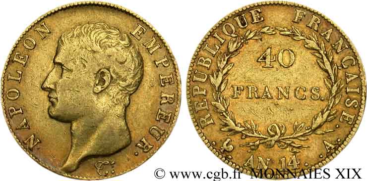 40 francs or, Napoléon tête nue, calendrier révolutionnaire 1805 Paris F.537/2 BC 