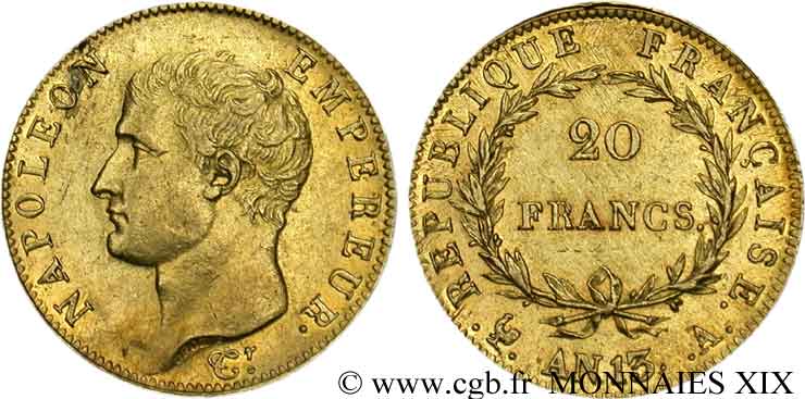 20 francs Napoléon tête nue, calendrier révolutionnaire 1805 Paris F.512/1 EBC 
