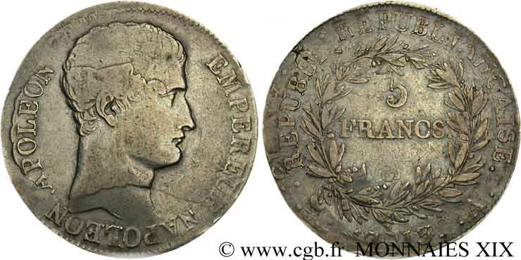 5 francs Napoléon empereur, calendrier révolutionnaire, double frappe 1805 Paris F.303/2 S 