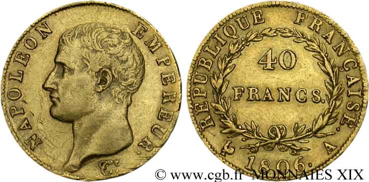 40 francs or Napoléon tête nue, calendrier grégorien 1806 Paris F.538/1 MBC 