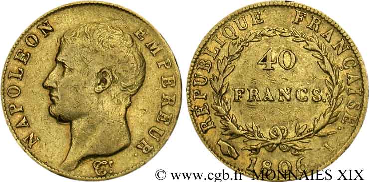 40 francs or Napoléon tête nue, calendrier grégorien 1806 Limoges F.538/2 S 